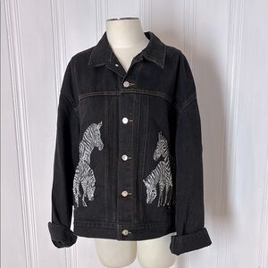 J CREW Black Denim Jacket with Hand-Painted Zebra Design – Size XL
